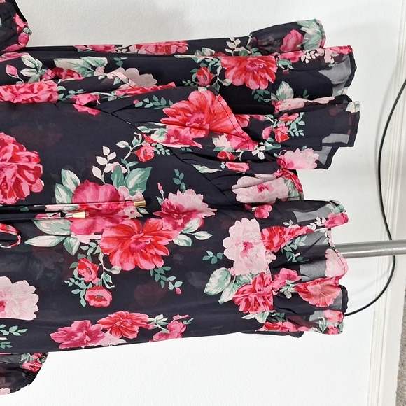 Floral NEW Black Red, Pink Wrap Ruffle Hem Flowy Boho Skater Dress Plus Size 3X - Picture 7 of 16